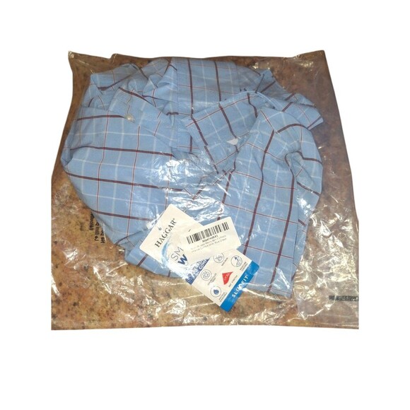 Haggar Mens Size 15-15 1/2 34/35 Blue Plaid Slim Fit LS Button Up Shirt NWT - Picture 4 of 5
